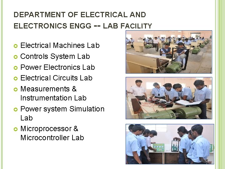 DEPARTMENT OF ELECTRICAL AND ELECTRONICS ENGG -- LAB FACILITY Electrical Machines Lab Controls System