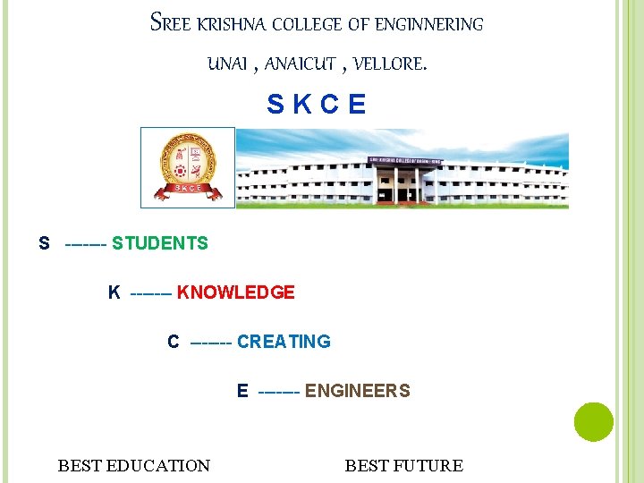 SREE KRISHNA COLLEGE OF ENGINNERING UNAI , ANAICUT , VELLORE. SKCE S ------- STUDENTS