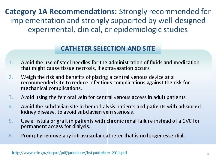 Category 1 A Recommendations: Strongly recommended for implementation and strongly supported by well-designed experimental,