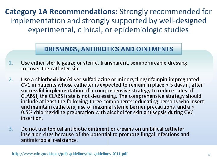 Category 1 A Recommendations: Strongly recommended for implementation and strongly supported by well-designed experimental,