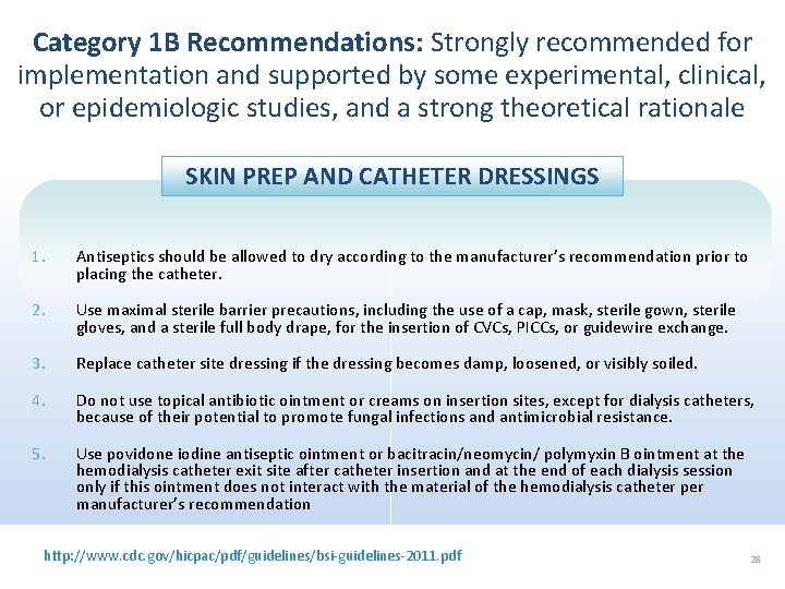 Category 1 B Recommendations: Strongly recommended for implementation and supported by some experimental, clinical,