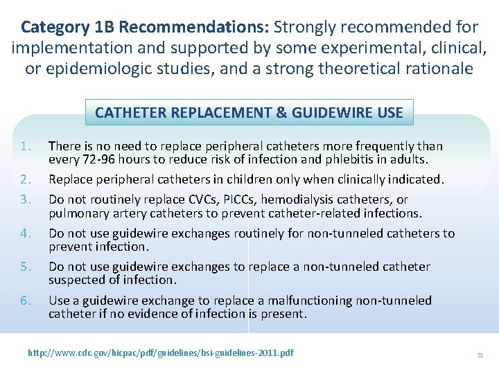Category 1 B Recommendations: Strongly recommended for implementation and supported by some experimental, clinical,