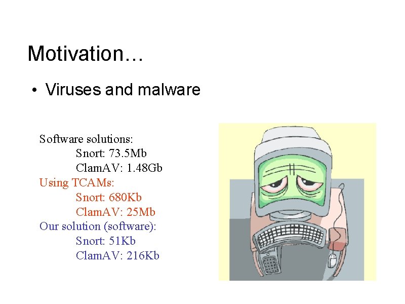 Motivation… • Viruses and malware Software solutions: Snort: 73. 5 Mb Clam. AV: 1.