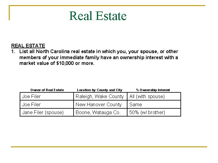 Real Estate REAL ESTATE 1. List all North Carolina real estate in which you,