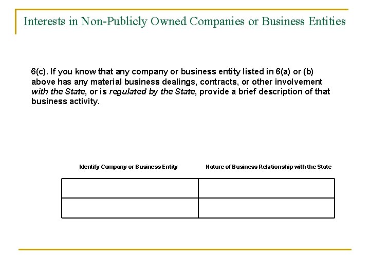 Interests in Non-Publicly Owned Companies or Business Entities 6(c). If you know that any