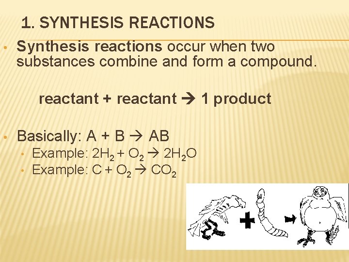 1. SYNTHESIS REACTIONS • Synthesis reactions occur when two substances combine and form a