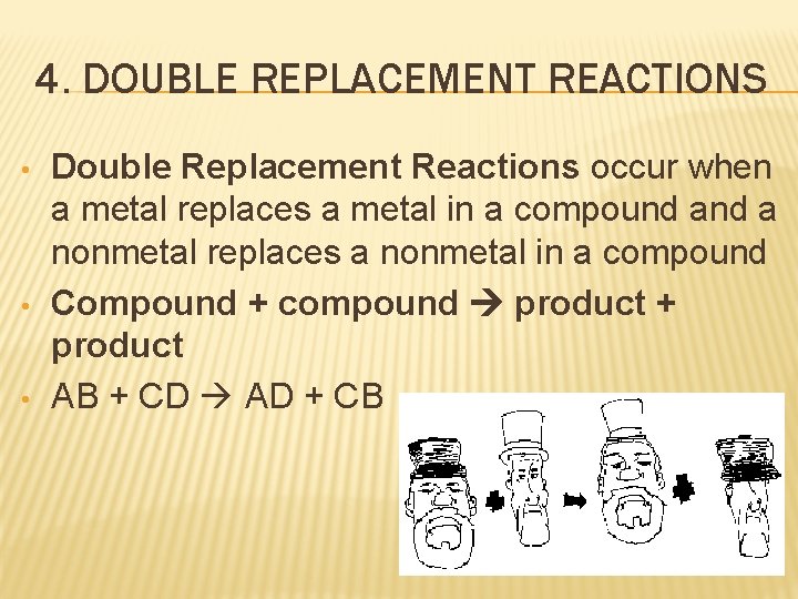 4. DOUBLE REPLACEMENT REACTIONS • • • Double Replacement Reactions occur when a metal