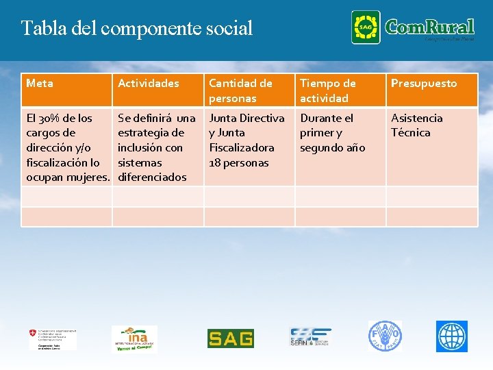 Tabla del componente social Meta Actividades Cantidad de personas Tiempo de actividad Presupuesto El