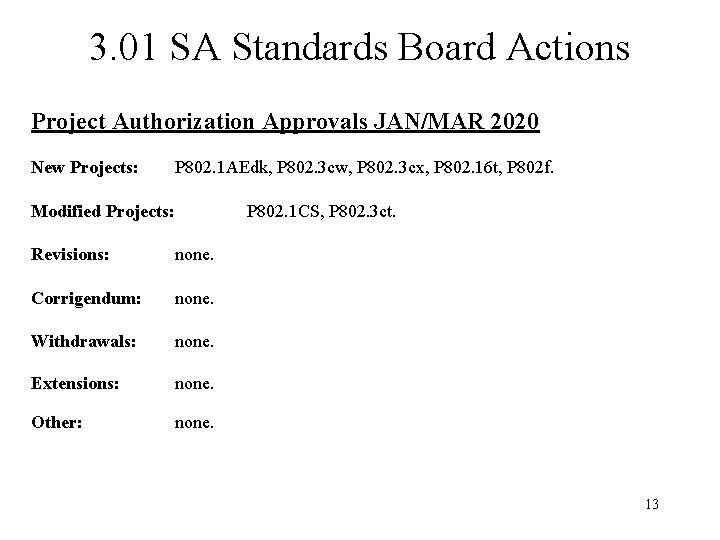 3. 01 SA Standards Board Actions Project Authorization Approvals JAN/MAR 2020 New Projects: P