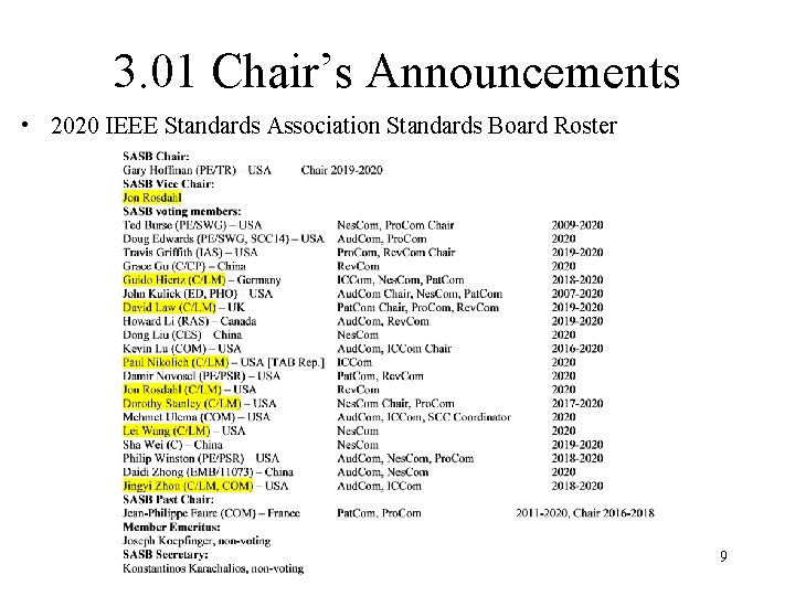 3. 01 Chair’s Announcements • 2020 IEEE Standards Association Standards Board Roster 9 