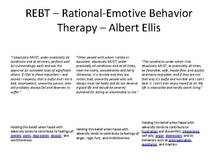 REBT – Rational-Emotive Behavior Therapy – Albert Ellis "I absolutely MUST, under practically all