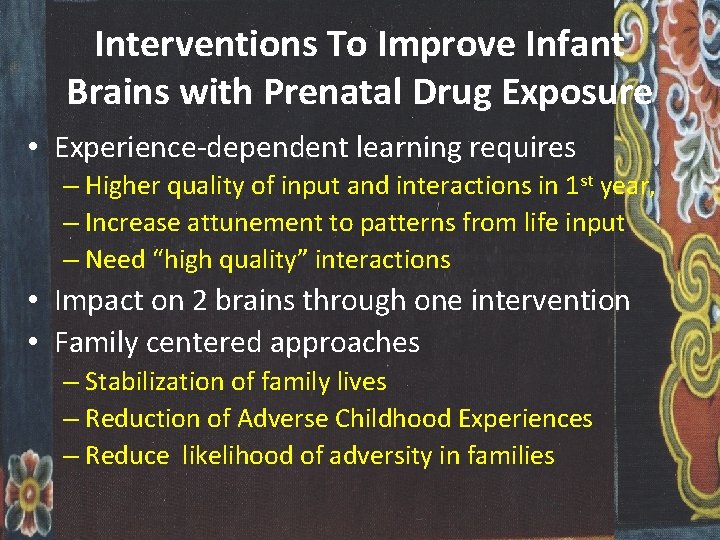 Interventions To Improve Infant Brains with Prenatal Drug Exposure • Experience-dependent learning requires –