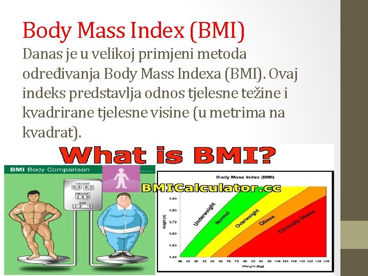 Body Mass Index (BMI) Danas je u velikoj primjeni metoda određivanja Body Mass Indexa