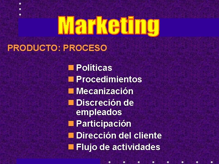 PRODUCTO: PROCESO n Políticas n Procedimientos n Mecanización n Discreción de empleados n Participación