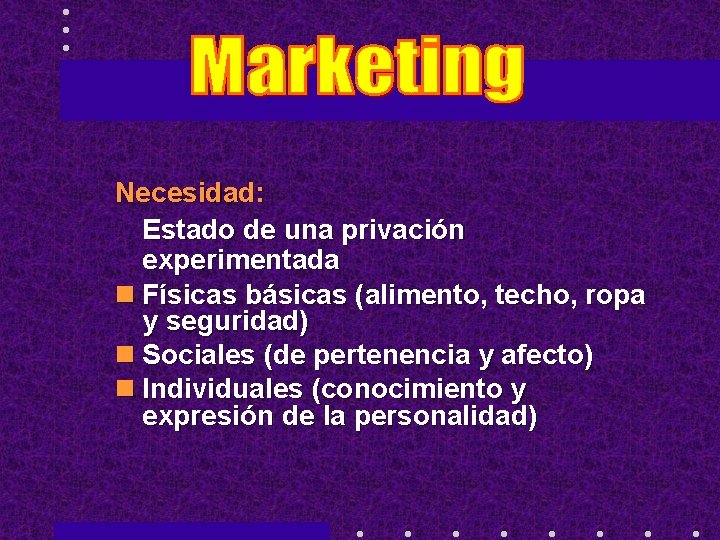Necesidad: Estado de una privación experimentada n Físicas básicas (alimento, techo, ropa y seguridad)