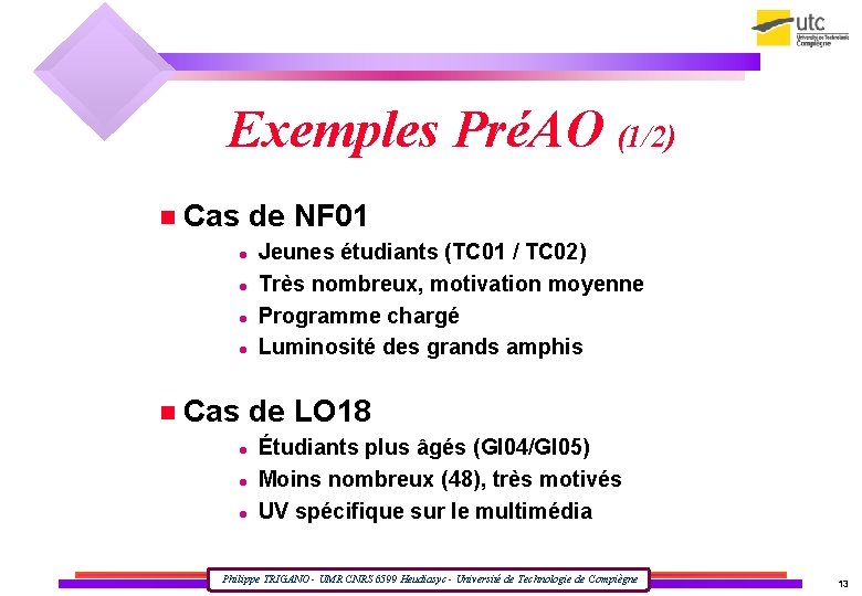 Exemples PréAO (1/2) Cas de NF 01 Jeunes étudiants (TC 01 / TC 02)