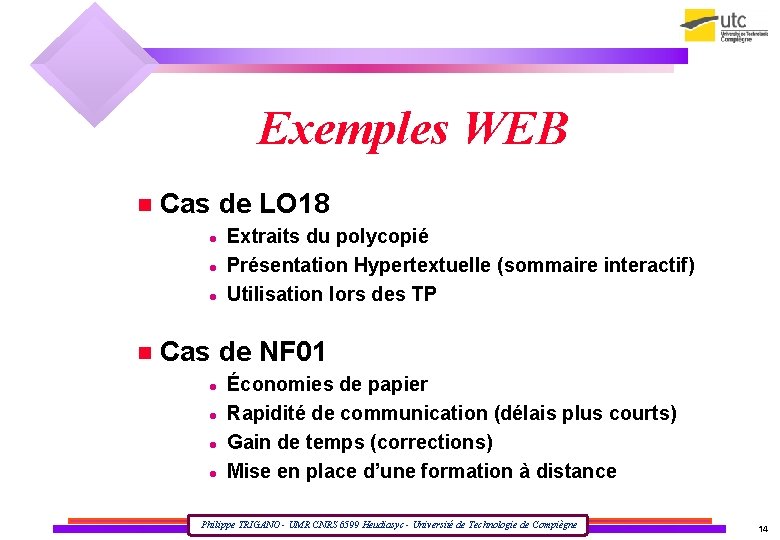 Exemples WEB Cas de LO 18 Extraits du polycopié Présentation Hypertextuelle (sommaire interactif) Utilisation
