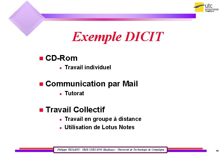 Exemple DICIT CD-Rom Communication par Mail Travail individuel Tutorat Travail Collectif Travail en groupe