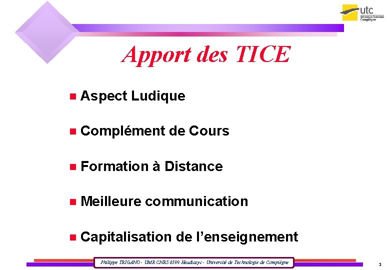 Apport des TICE Aspect Ludique Complément de Cours Formation à Distance Meilleure communication Capitalisation