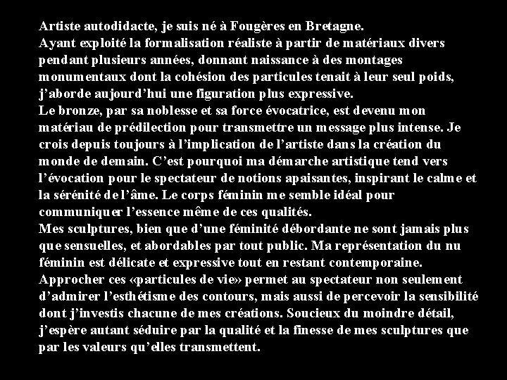 Artiste autodidacte, je suis né à Fougères en Bretagne. Ayant exploité la formalisation réaliste