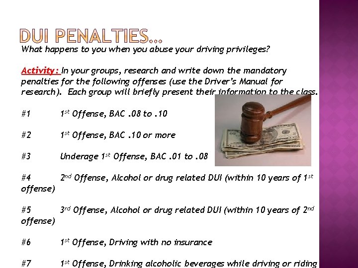 What happens to you when you abuse your driving privileges? Activity: In your groups,