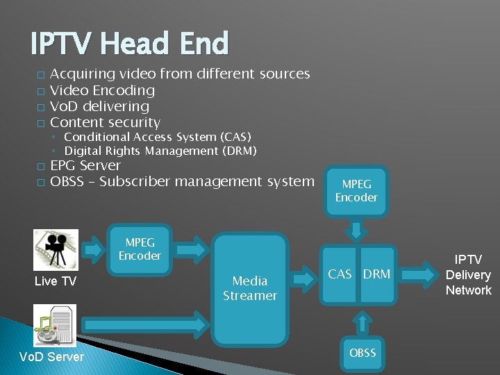 IPTV Head End � � � Acquiring video from different sources Video Encoding Vo. IPTV Head End � � � Acquiring video from different sources Video Encoding Vo.