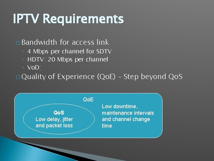 IPTV Requirements � Bandwidth for access link ◦ 4 Mbps per channel for SDTV IPTV Requirements � Bandwidth for access link ◦ 4 Mbps per channel for SDTV