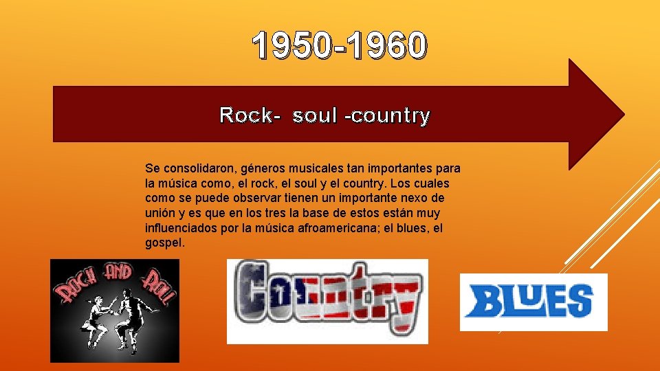 1950 -1960 Rock- soul -country Se consolidaron, géneros musicales tan importantes para la música