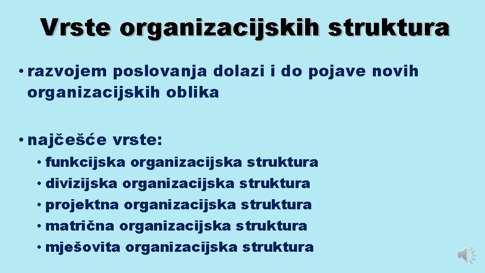 Vrste organizacijskih struktura • razvojem poslovanja dolazi i do pojave novih organizacijskih oblika •