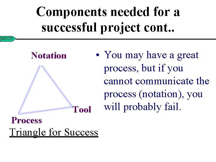 Components needed for a successful project cont. . MUCIT Notation • You may have