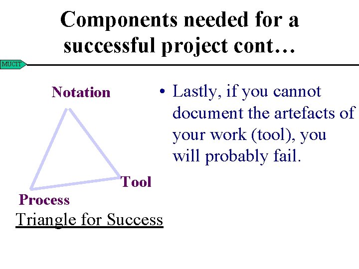 Components needed for a successful project cont… MUCIT • Lastly, if you cannot document