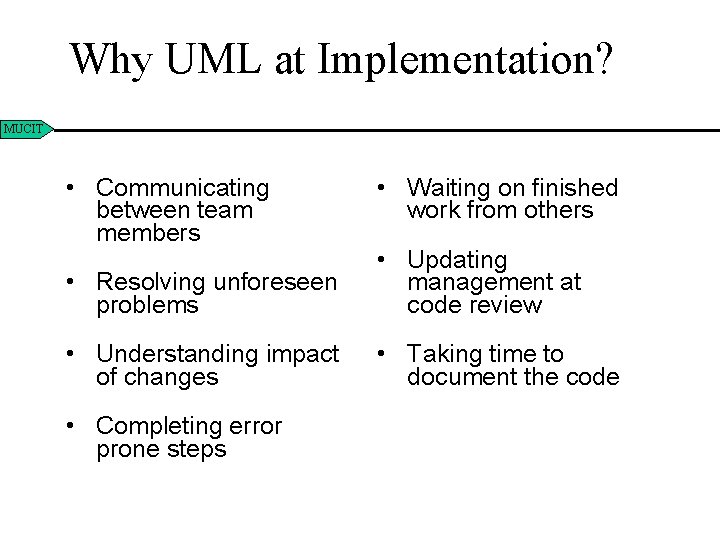 Why UML at Implementation? MUCIT • Communicating between team members • Waiting on finished