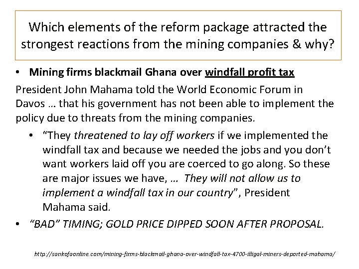 Which elements of the reform package attracted the strongest reactions from the mining companies