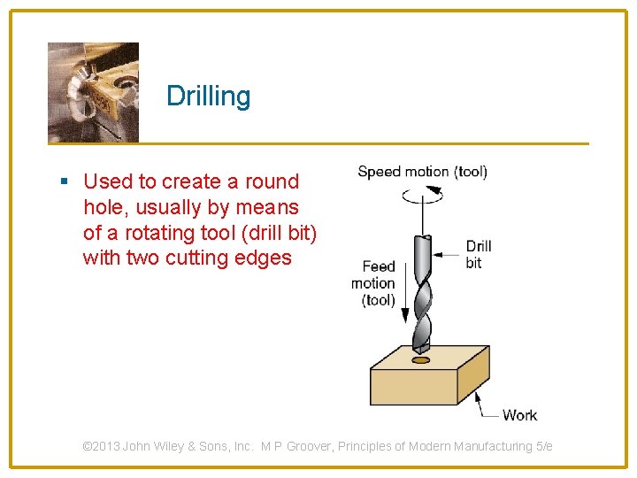Drilling § Used to create a round hole, usually by means of a rotating