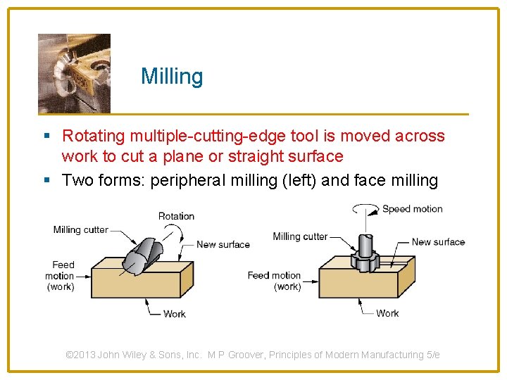 Milling § Rotating multiple-cutting-edge tool is moved across work to cut a plane or