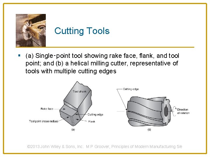 Cutting Tools § (a) Single‑point tool showing rake face, flank, and tool point; and