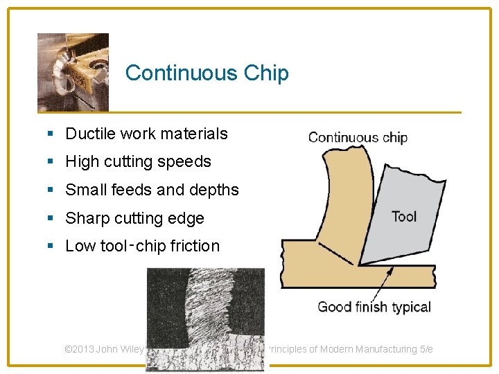Continuous Chip § Ductile work materials § High cutting speeds § Small feeds and