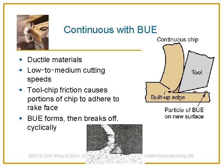 Continuous with BUE § Ductile materials § Low‑to‑medium cutting speeds § Tool-chip friction causes