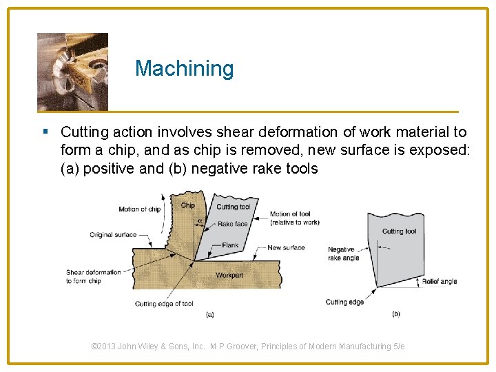 Machining § Cutting action involves shear deformation of work material to form a chip,