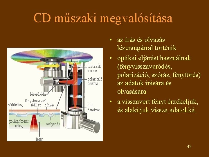 CD műszaki megvalósítása • az írás és olvasás lézersugárral történik • optikai eljárást használnak