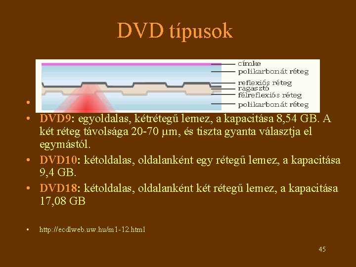 DVD típusok • DVD 5: egyoldalas, egyrétegű lemez, a kapacitása 4, 7 GB. •