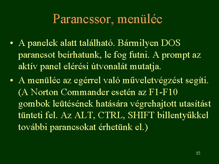 Parancssor, menüléc • A panelek alatt található. Bármilyen DOS parancsot beírhatunk, le fog futni.