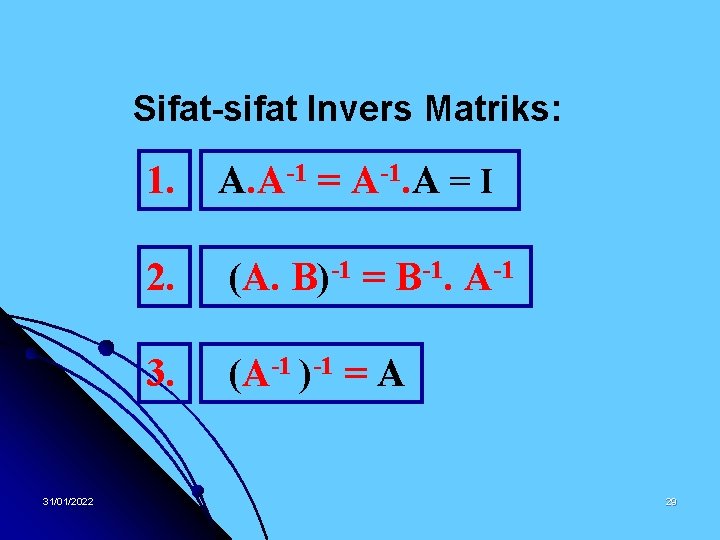 Sifat-sifat Invers Matriks: 31/01/2022 1. A. A-1 = A-1. A = I 2. (A.