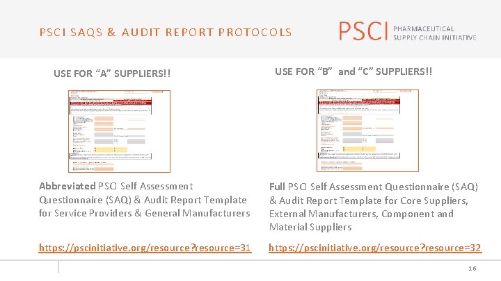 PSCI SAQS & AUDIT REPORT PROTOCOLS USE FOR “A” SUPPLIERS!! USE FOR “B” and