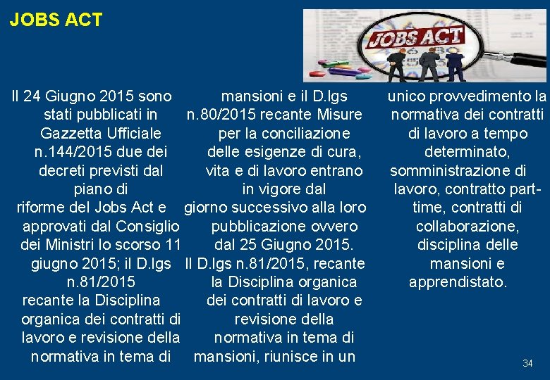 JOBS ACT mansioni e il D. lgs Il 24 Giugno 2015 sono n. 80/2015