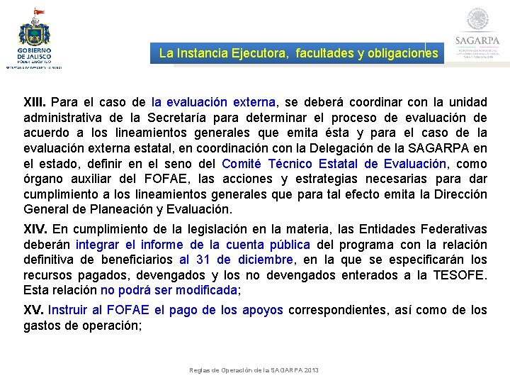 La Instancia Ejecutora, facultades y obligaciones XIII. Para el caso de la evaluación externa,