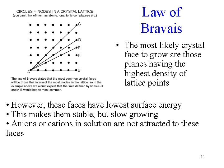 Law of Bravais • The most likely crystal face to grow are those planes
