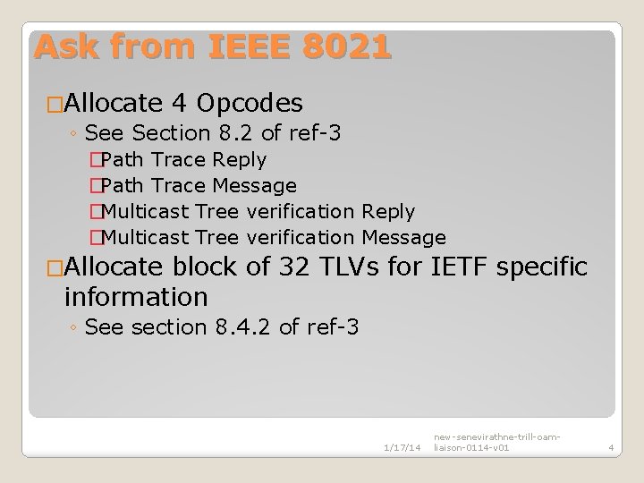 Ask from IEEE 8021 �Allocate 4 Opcodes ◦ See Section 8. 2 of ref-3