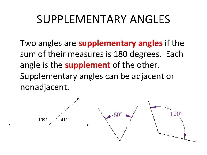 SUPPLEMENTARY ANGLES Two angles are supplementary angles if the sum of their measures is