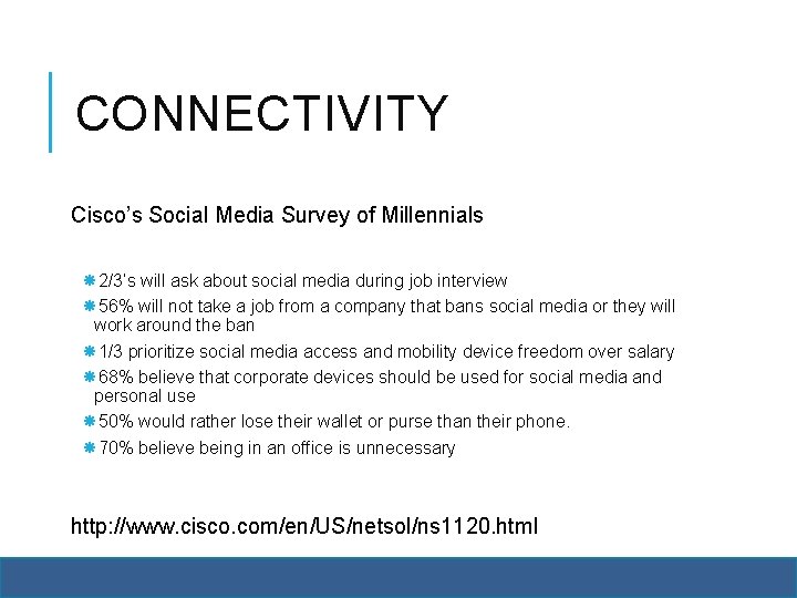 CONNECTIVITY Cisco’s Social Media Survey of Millennials 2/3’s will ask about social media during